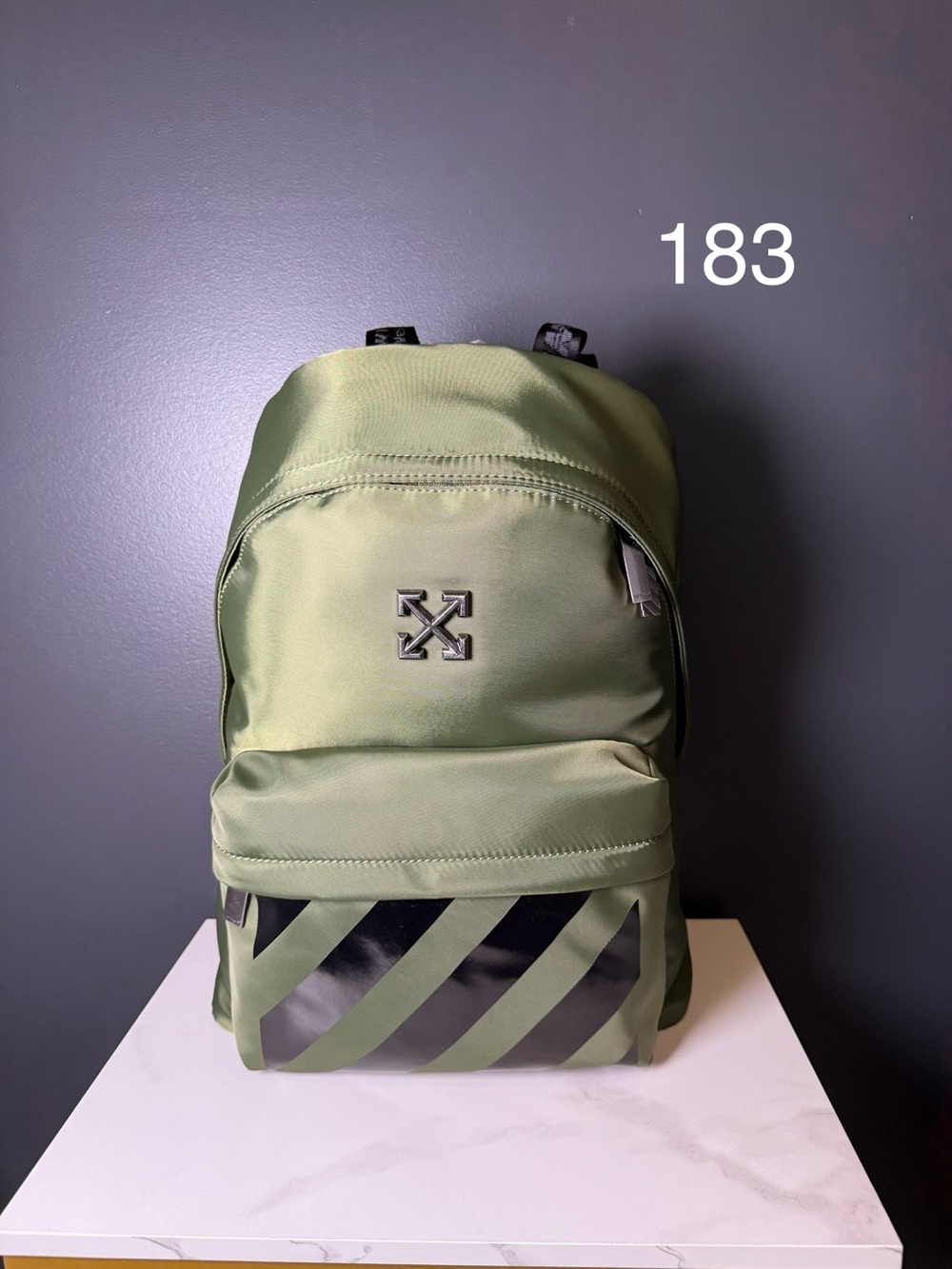 Off-White Olive Green Backpack with Black Diagonal Stripes